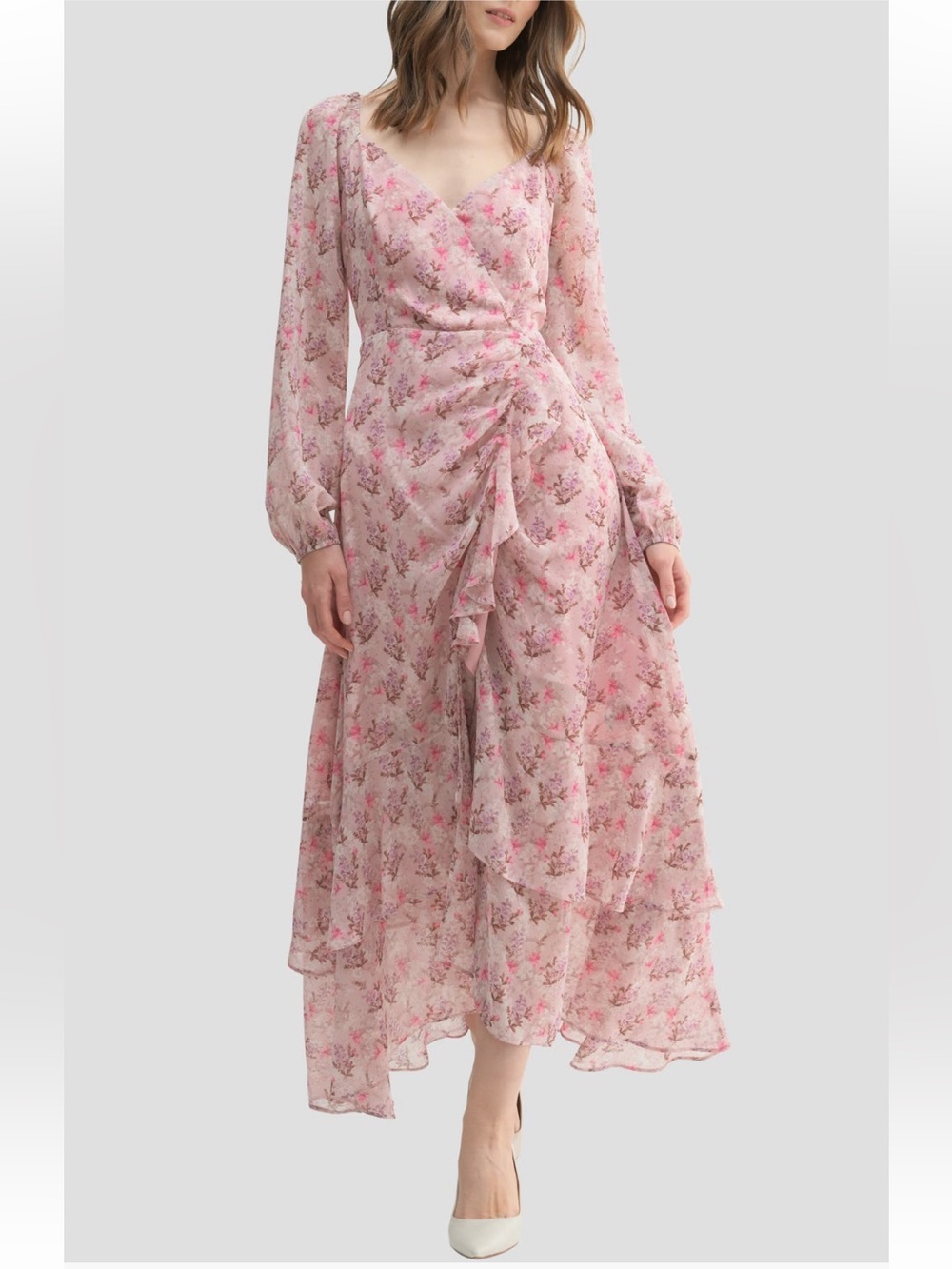 Lush Pink Floral Wrap Maxi Dress with Long Sleeves